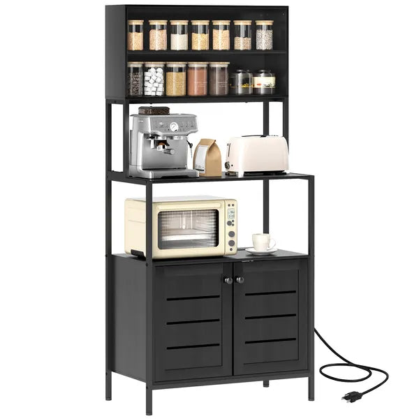 HOMCOM Baker's Rack with Power Outlet and Storage Shelves, Microwave Stand with Louvred Door Cabinets, Black - product image 11