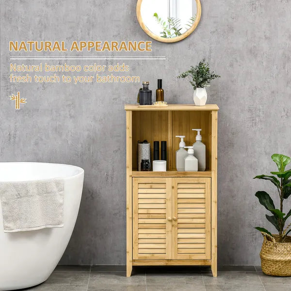 Bamboo Floor Cabinet Bathroom Floor Cabinet Living Room Organizer Tower with Multiple Shelves and Doors Natural - product image 4