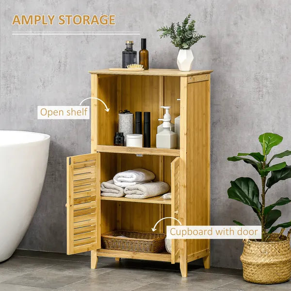 Bamboo Floor Cabinet Bathroom Floor Cabinet Living Room Organizer Tower with Multiple Shelves and Doors Natural - product image 5