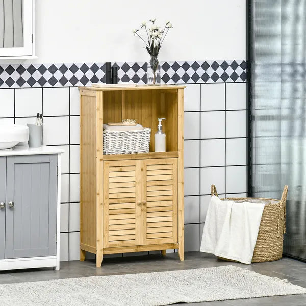 Bamboo Floor Cabinet Bathroom Floor Cabinet Living Room Organizer Tower with Multiple Shelves and Doors Natural - product image 2