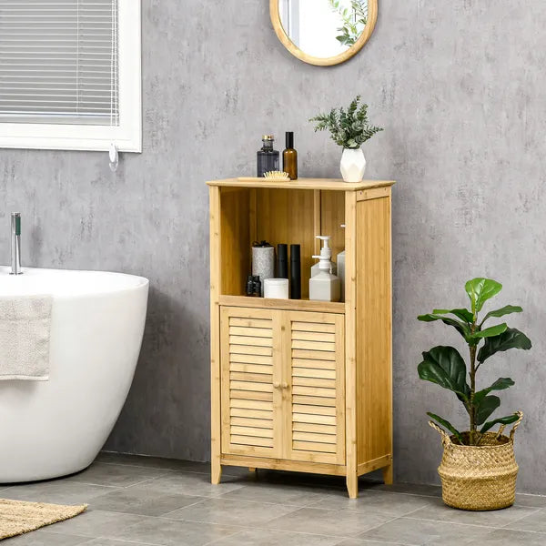 Bamboo Floor Cabinet Bathroom Floor Cabinet Living Room Organizer Tower with Multiple Shelves and Doors Natural - product image 11