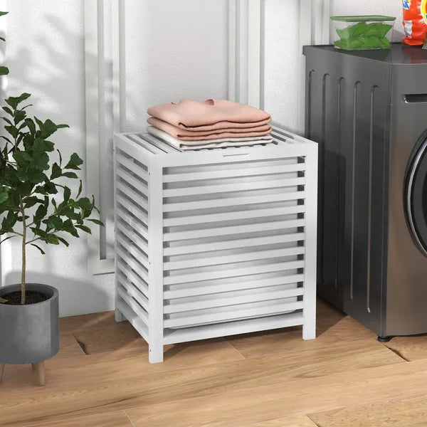 HOMCOM Bamboo Laundry Basket, 55L, with Lid and Removable Liner Bag, White, Space-Saving and Stylish - product image 2