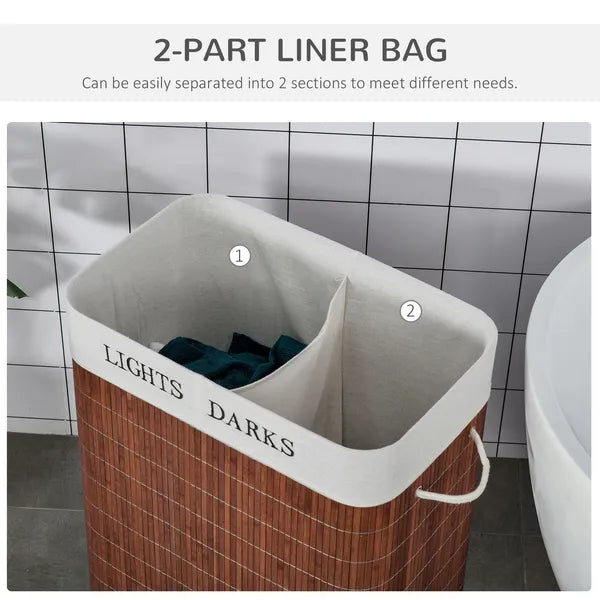 Bamboo Laundry Hamper with 2 Removable Bags, Washing Basket with Lid and String Handles, 26.4-Gals, Brown - product image 6