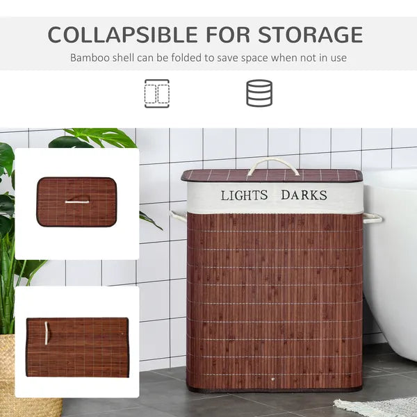 Bamboo Laundry Hamper with 2 Removable Bags, Washing Basket with Lid and String Handles, 26.4-Gals, Brown - product image 5