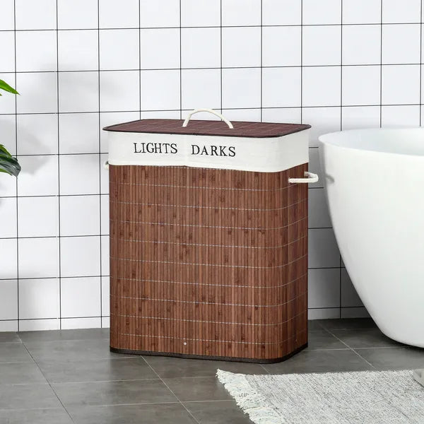 Bamboo Laundry Hamper with 2 Removable Bags, Washing Basket with Lid and String Handles, 26.4-Gals, Brown - product image 2