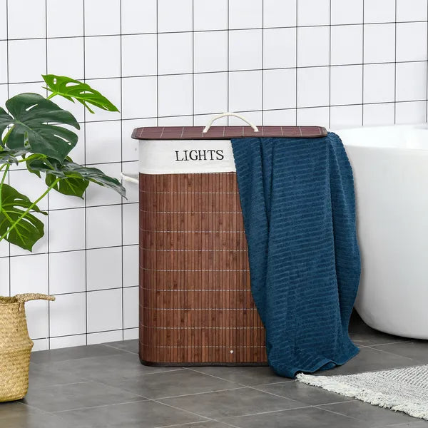 Bamboo Laundry Hamper with 2 Removable Bags, Washing Basket with Lid and String Handles, 26.4-Gals, Brown - product image 8