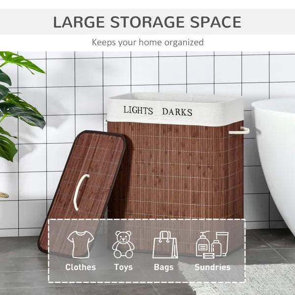 Bamboo Laundry Hamper with 2 Removable Bags, Washing Basket with Lid and String Handles, 26.4-Gals, Brown - product image 4