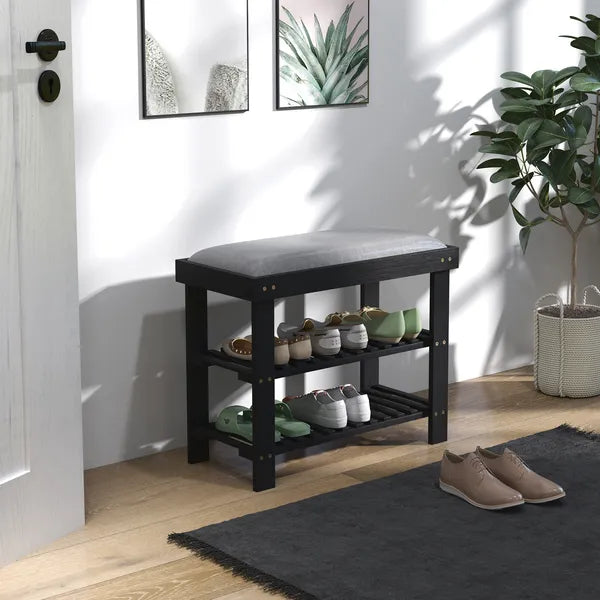 HOMCOM Bamboo Shoe Storage Bench, 3-Tier Entryway Bench with Cushion, Shoe Organizer for Entryway, Hallway, Black - product image 2