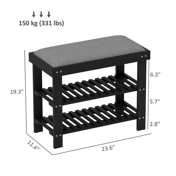 HOMCOM Bamboo Shoe Storage Bench, 3-Tier Entryway Bench with Cushion, Shoe Organizer for Entryway, Hallway, Black - product image 3
