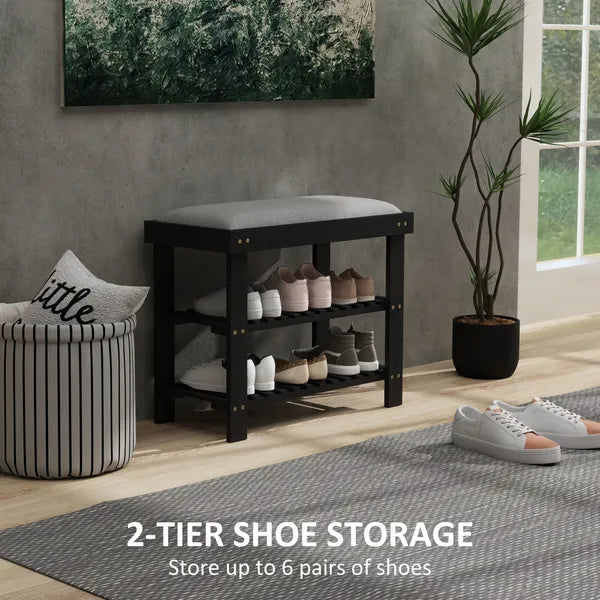 HOMCOM Bamboo Shoe Storage Bench, 3-Tier Entryway Bench with Cushion, Shoe Organizer for Entryway, Hallway, Black - product image 5