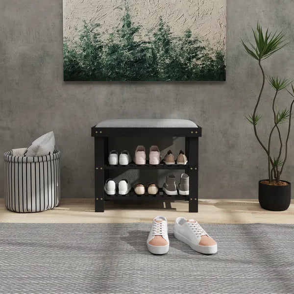 HOMCOM Bamboo Shoe Storage Bench, 3-Tier Entryway Bench with Cushion, Shoe Organizer for Entryway, Hallway, Black - product image 8
