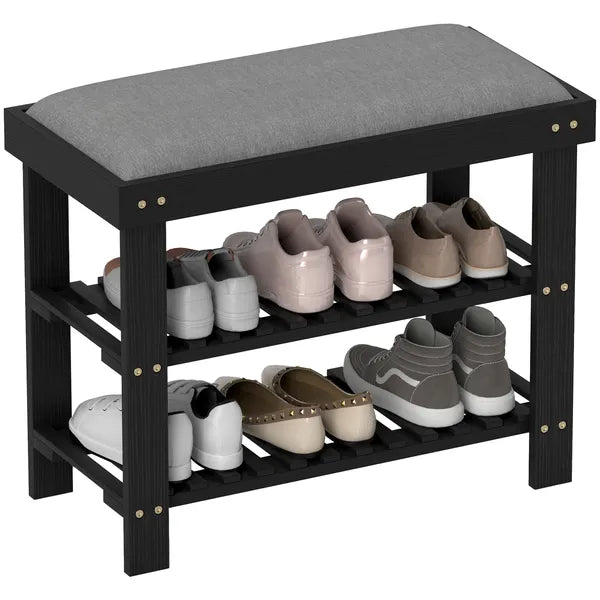 HOMCOM Bamboo Shoe Storage Bench, 3-Tier Entryway Bench with Cushion, Shoe Organizer for Entryway, Hallway, Black - product image 11