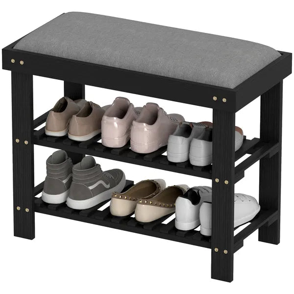 HOMCOM Bamboo Shoe Storage Bench, 3-Tier Entryway Bench with Cushion, Shoe Organizer for Entryway, Hallway, Black - product image 1