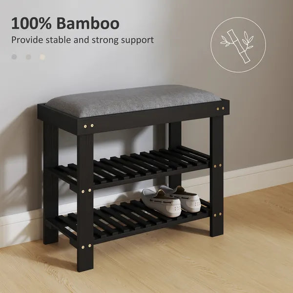 HOMCOM Bamboo Shoe Storage Bench, 3-Tier Entryway Bench with Cushion, Shoe Organizer for Entryway, Hallway, Black - product image 6