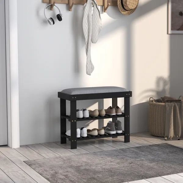 HOMCOM Bamboo Shoe Storage Bench, 3-Tier Entryway Bench with Cushion, Shoe Organizer for Entryway, Hallway, Black - product image 10
