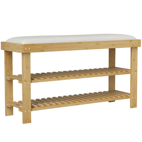 HOMCOM Bamboo Shoe Storage Bench, 3-Tier Entryway Bench with Cushion, Shoe Organizer for Entryway, Hallway, Cream White - product image 11