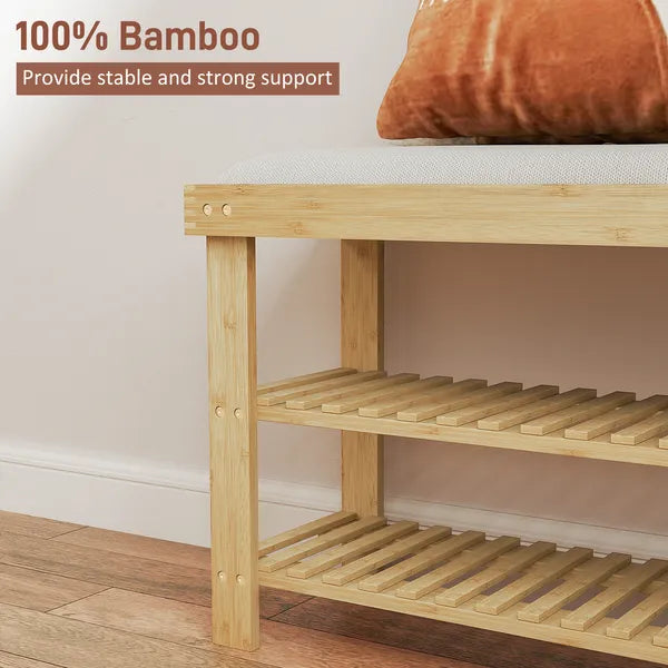 HOMCOM Bamboo Shoe Storage Bench, 3-Tier Entryway Bench with Cushion, Shoe Organizer for Entryway, Hallway, Cream White - product image 6