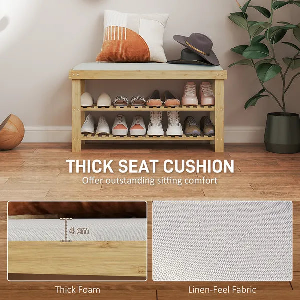 HOMCOM Bamboo Shoe Storage Bench, 3-Tier Entryway Bench with Cushion, Shoe Organizer for Entryway, Hallway, Cream White - product image 4
