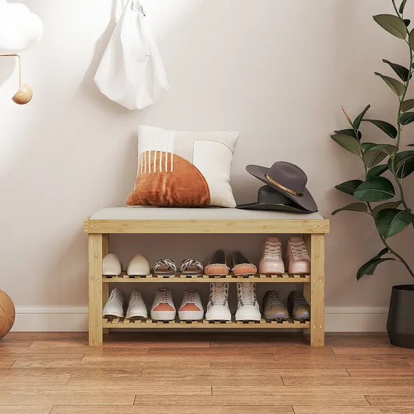 HOMCOM Bamboo Shoe Storage Bench, 3-Tier Entryway Bench with Cushion, Shoe Organizer for Entryway, Hallway, Cream White - product image 2