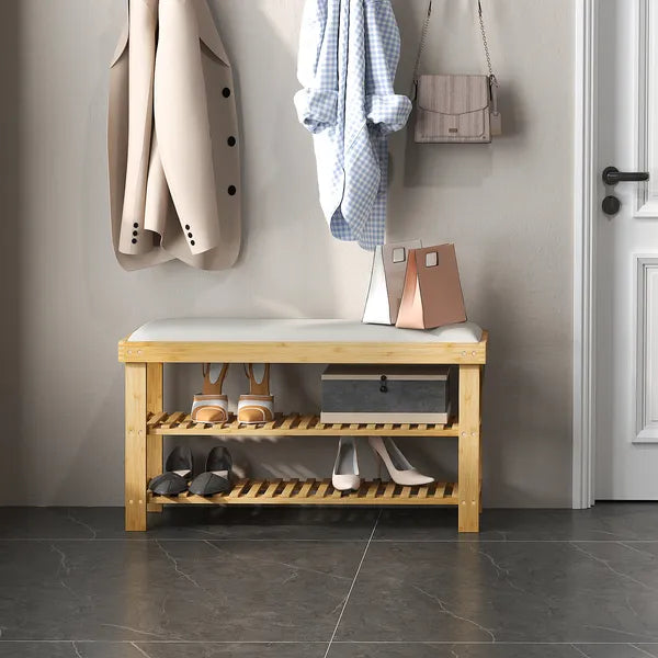 HOMCOM Bamboo Shoe Storage Bench, 3-Tier Entryway Bench with Cushion, Shoe Organizer for Entryway, Hallway, Cream White - product image 10