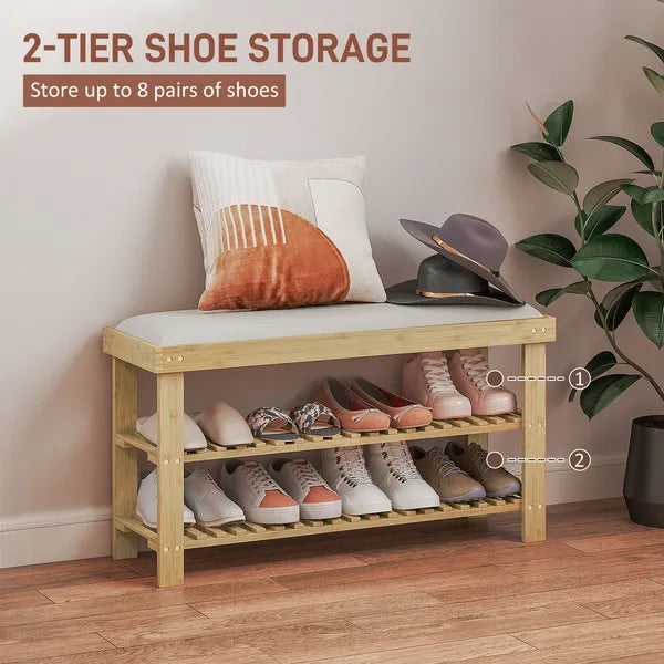 HOMCOM Bamboo Shoe Storage Bench, 3-Tier Entryway Bench with Cushion, Shoe Organizer for Entryway, Hallway, Cream White - product image 5