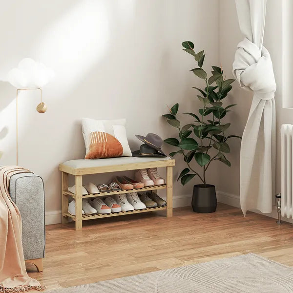 HOMCOM Bamboo Shoe Storage Bench, 3-Tier Entryway Bench with Cushion, Shoe Organizer for Entryway, Hallway, Cream White - product image 7