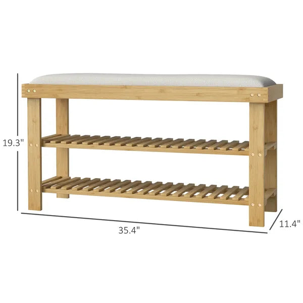 HOMCOM Bamboo Shoe Storage Bench, 3-Tier Entryway Bench with Cushion, Shoe Organizer for Entryway, Hallway, Cream White - product image 3