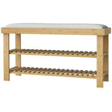 HOMCOM Bamboo Shoe Storage Bench, 3-Tier Entryway Bench with Cushion, Shoe Organizer for Entryway, Hallway, Cream White - product image 1