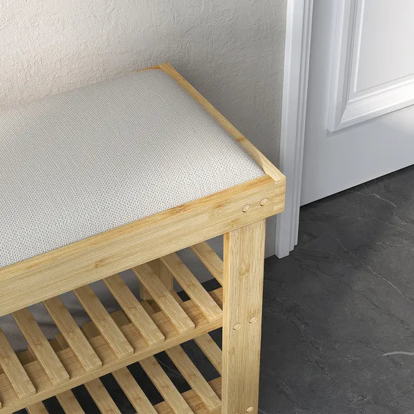 HOMCOM Bamboo Shoe Storage Bench, 3-Tier Entryway Bench with Cushion, Shoe Organizer for Entryway, Hallway, Cream White - product image 8