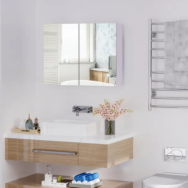 Bathroom Cabinet with Mirror Wall Mounted Modern Storage Double Door MDF White - product image 2