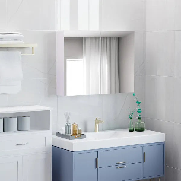 Bathroom Cabinet with Mirror Wall Mounted Modern Storage Double Door MDF White - product image 8