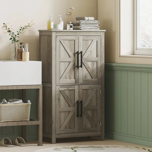 HOMCOM Bathroom Freestanding Cabinet, Farmhouse Bathroom Cabinet with Doors and Three-Level Shelf, 23.6" x 11.8" x 43.3", Light Gray - product image 2