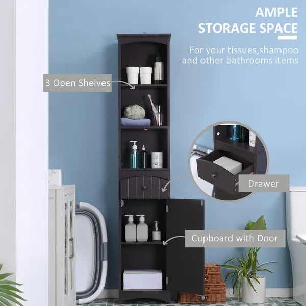 Tall Bathroom Storage Cabinet with 3 Shelves, Drawer and Cabinet, Brown - product image 4