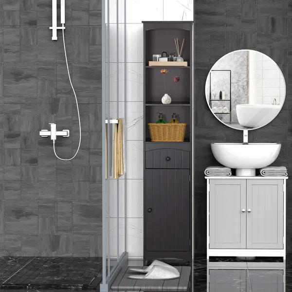 Tall Bathroom Storage Cabinet with 3 Shelves, Drawer and Cabinet, Brown - product image 10