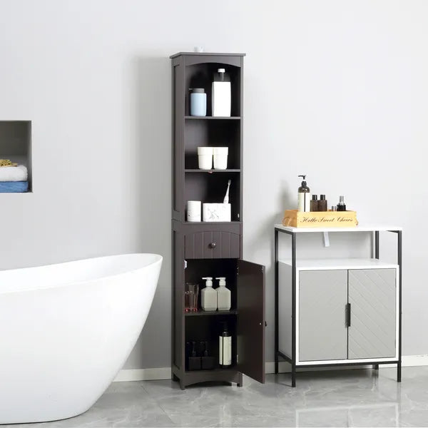 Tall Bathroom Storage Cabinet with 3 Shelves, Drawer and Cabinet, Brown - product image 2