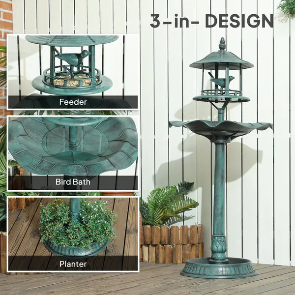 Bird Bath Bowl, 3-in-1 Pedestal Birdbath with Bird Feeder and Flower Planter, Large Water Basin, Outdoor, Green - product image 4