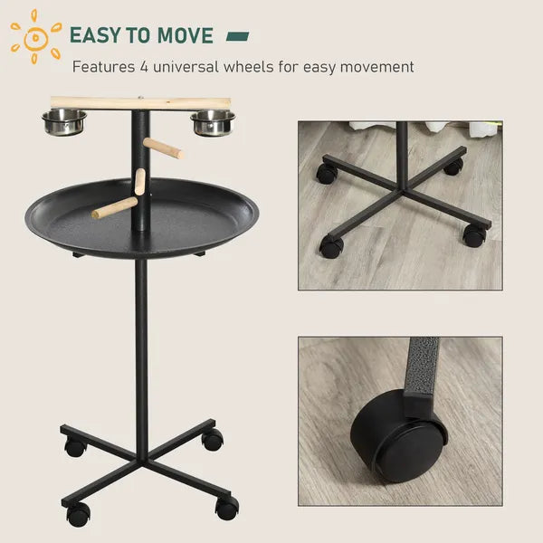 PawHut Bird Feeder Stand Portable Parrot Perch Play Stand with Wheels Stainless Steel Bowls Round Tray Grey - product image 4