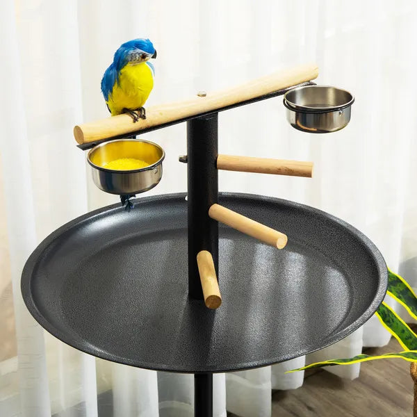 PawHut Bird Feeder Stand Portable Parrot Perch Play Stand with Wheels Stainless Steel Bowls Round Tray Grey - product image 7