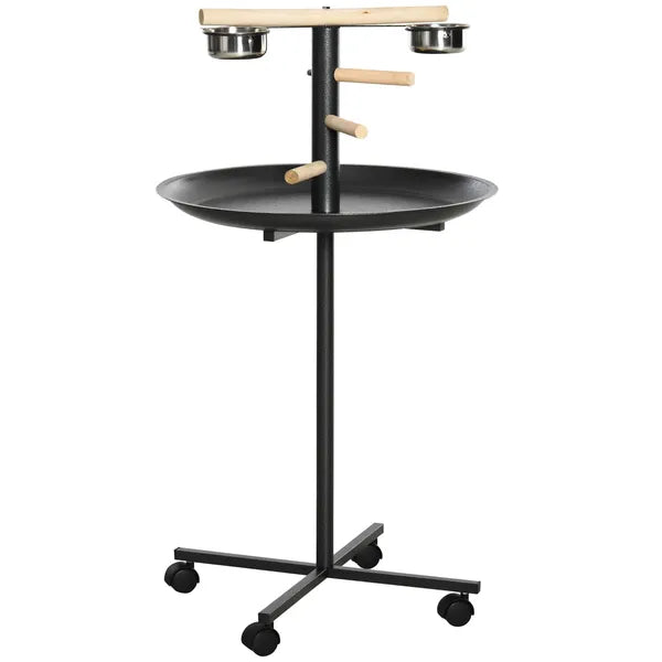 PawHut Bird Feeder Stand Portable Parrot Perch Play Stand with Wheels Stainless Steel Bowls Round Tray Grey - product image 1
