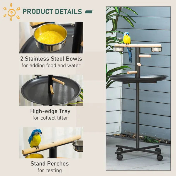 PawHut Bird Feeder Stand Portable Parrot Perch Play Stand with Wheels Stainless Steel Bowls Round Tray Grey - product image 5