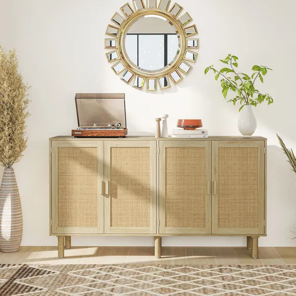 Bohemian Sideboard, 62.2" Buffet Cabinet with 4 Rattan Doors and Shelves for Living Room, Hallway, Natural - product image 2