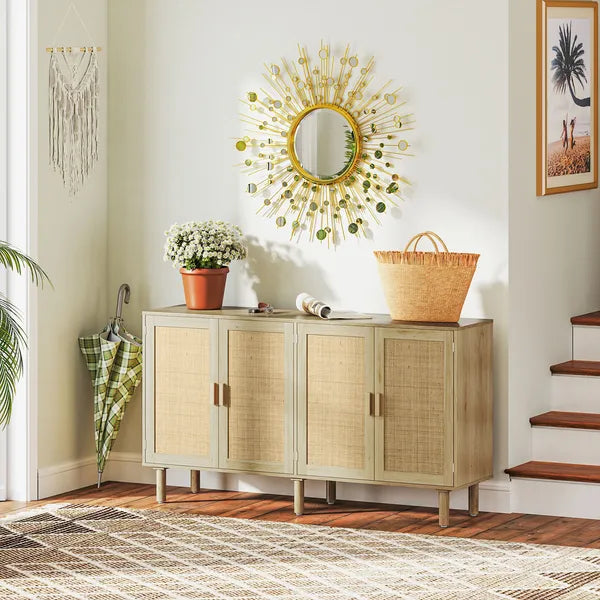 Bohemian Sideboard, 62.2" Buffet Cabinet with 4 Rattan Doors and Shelves for Living Room, Hallway, Natural - product image 6