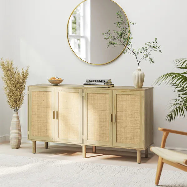 Bohemian Sideboard, 62.2" Buffet Cabinet with 4 Rattan Doors and Shelves for Living Room, Hallway, Natural - product image 10