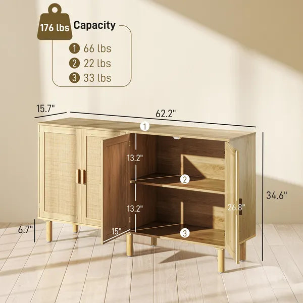 Bohemian Sideboard, 62.2" Buffet Cabinet with 4 Rattan Doors and Shelves for Living Room, Hallway, Natural - product image 3
