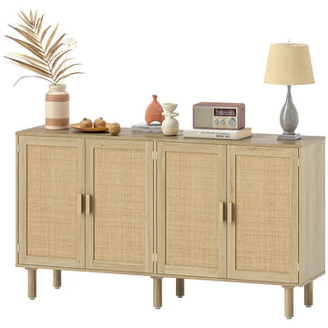 Bohemian Sideboard, 62.2" Buffet Cabinet with 4 Rattan Doors and Shelves for Living Room, Hallway, Natural - product image 1
