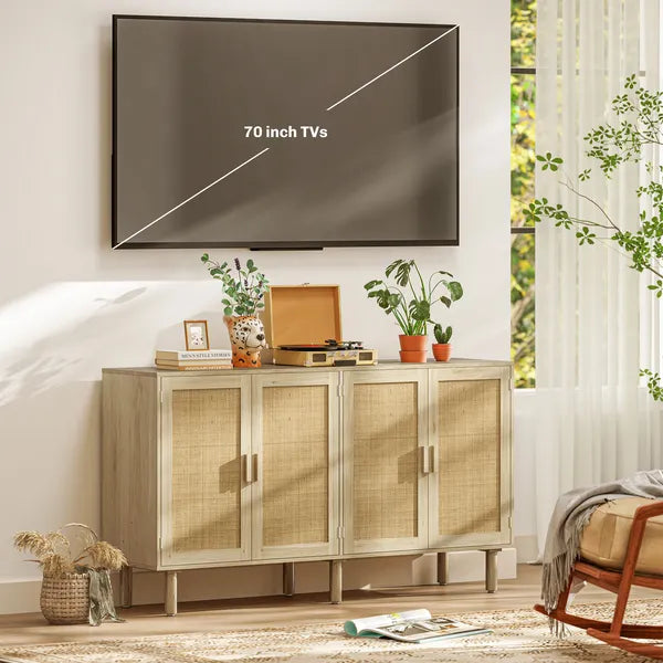 Bohemian Sideboard, 62.2" Buffet Cabinet with 4 Rattan Doors and Shelves for Living Room, Hallway, Natural - product image 5