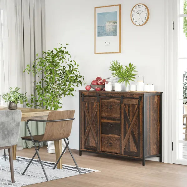 HOMCOM Buffet Kitchen Cabinet, Kitchen Sideboard Cabinet with Barn Doors, 3 Drawers and Adjustable Shelves for Living Room, Rustic Brown - product image 10