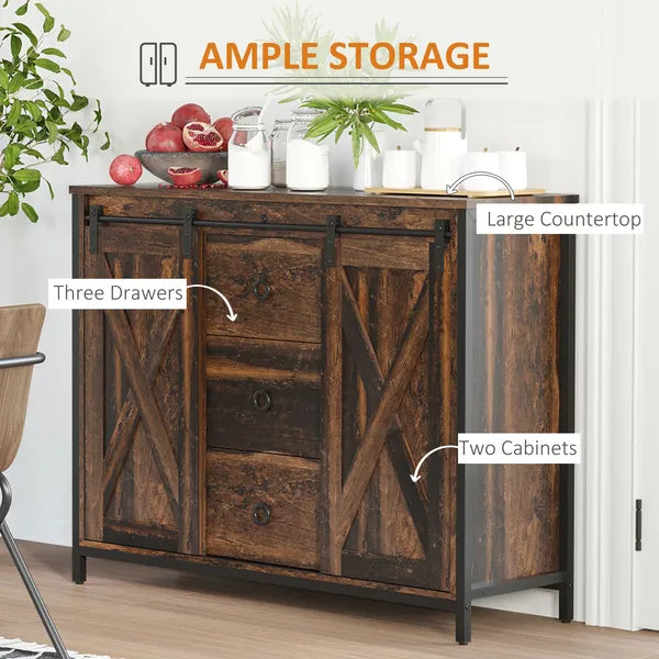 HOMCOM Buffet Kitchen Cabinet, Kitchen Sideboard Cabinet with Barn Doors, 3 Drawers and Adjustable Shelves for Living Room, Rustic Brown - product image 4