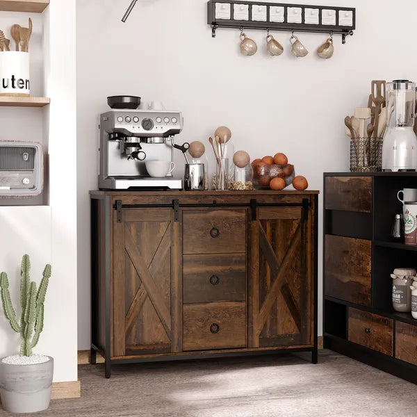 HOMCOM Buffet Kitchen Cabinet, Kitchen Sideboard Cabinet with Barn Doors, 3 Drawers and Adjustable Shelves for Living Room, Rustic Brown - product image 2