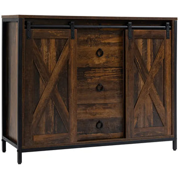 HOMCOM Buffet Kitchen Cabinet, Kitchen Sideboard Cabinet with Barn Doors, 3 Drawers and Adjustable Shelves for Living Room, Rustic Brown - product image 1
